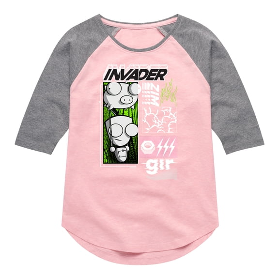Invader ZIM - GIR Holding a Pig in the Air - Toddler And Youth Girls Raglan Graphic T-Shirt