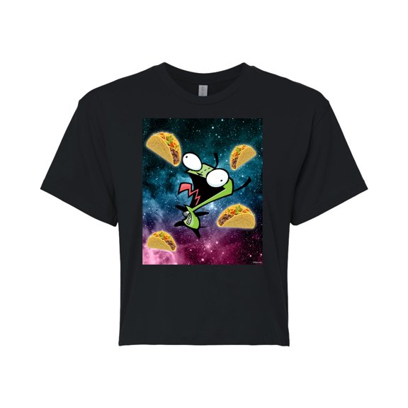 Invader ZIM - GIR Loves Tacos in Space - Juniors Cropped Cotton Blend T-Shirt