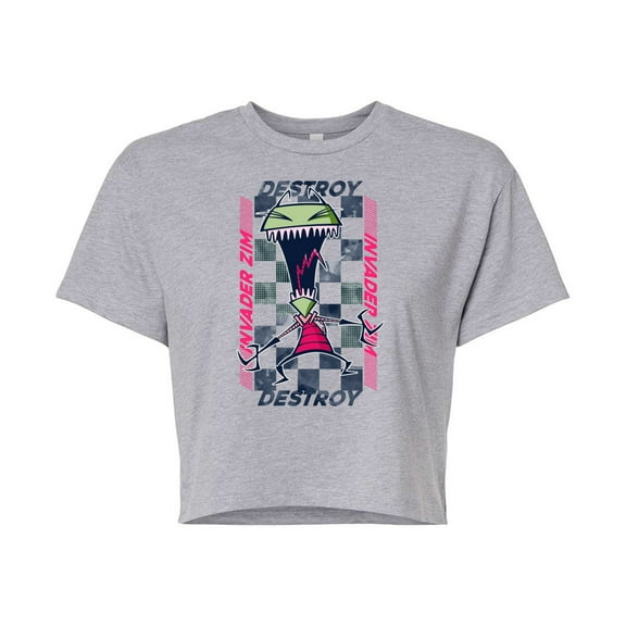 Invader ZIM - GIR Screaming Destroy - Checkered Board Retro Style - Juniors Cropped Cotton Blend T-Shirt