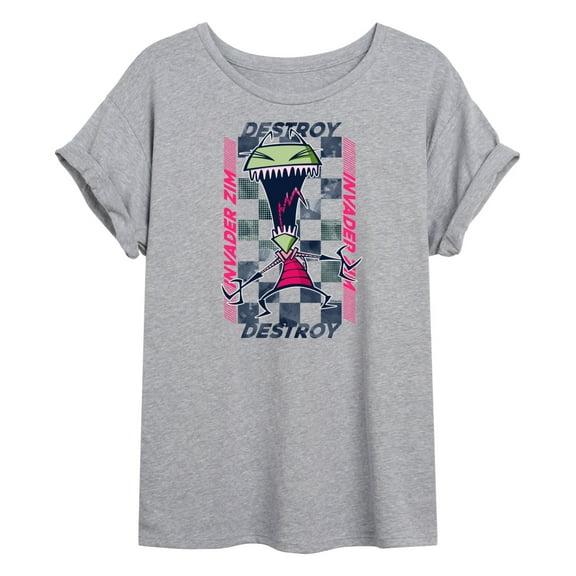 Invader ZIM - GIR Screaming Destroy - Checkered Board Retro Style - Juniors Ideal Flowy Muscle T-Shirt