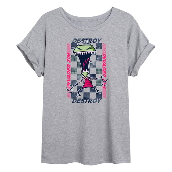 Invader ZIM - GIR Screaming Destroy - Checkered Board Retro Style - Juniors Ideal Flowy Muscle T-Shirt