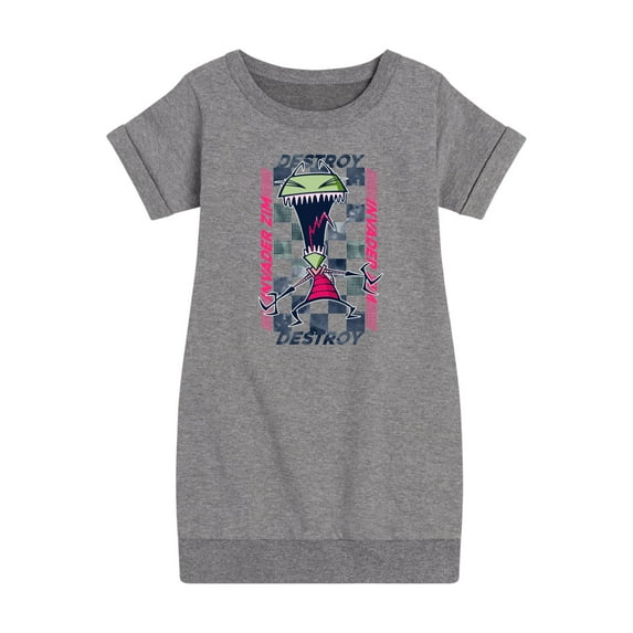 Invader ZIM - GIR Screaming Destroy - Checkered Board Retro Style - Toddler And Youth Girls Fleece Dress
