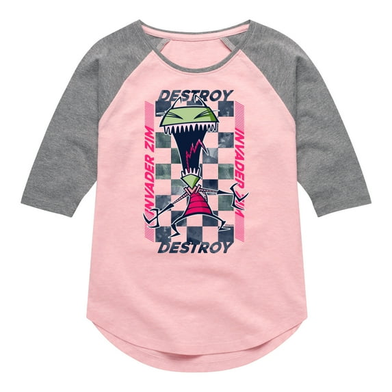 Invader ZIM - GIR Screaming Destroy - Checkered Board Retro Style - Toddler And Youth Girls Raglan Graphic T-Shirt