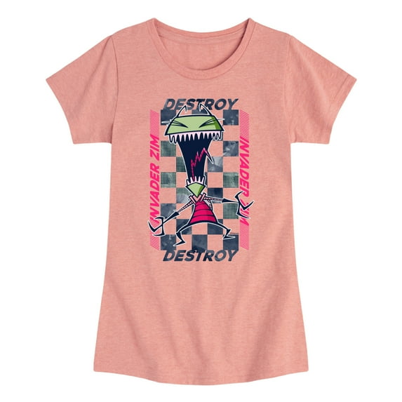 Invader ZIM - GIR Screaming Destroy - Checkered Board Retro Style - Toddler And Youth Girls Short Sleeve Graphic T-Shirt