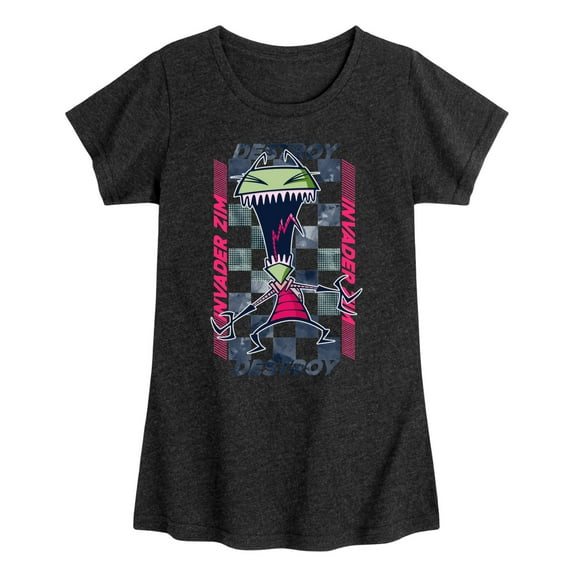 Invader ZIM - GIR Screaming Destroy - Checkered Board Retro Style - Toddler And Youth Girls Short Sleeve Graphic T-Shirt