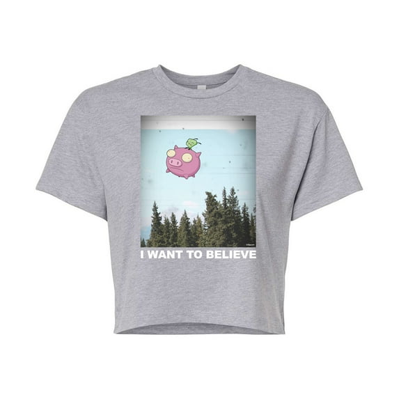 Invader ZIM - GIR Sitting on Flying Pig - I Want to Believe - Juniors Cropped Cotton Blend T-Shirt