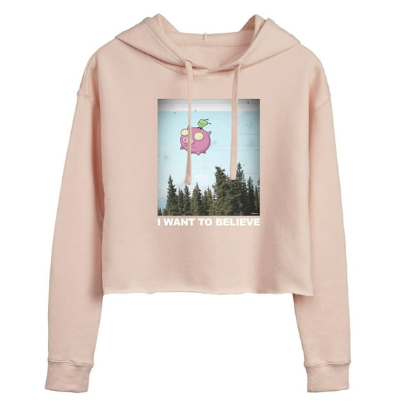 Invader ZIM - GIR Sitting on Flying Pig - I Want to Believe - Juniors Cropped Pullover Hoodie