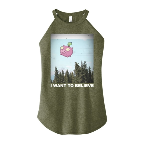 Invader ZIM - GIR Sitting on Flying Pig - I Want to Believe - Juniors High Neck Tank Top