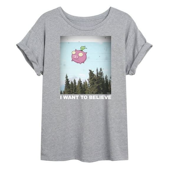 Invader ZIM - GIR Sitting on Flying Pig - I Want to Believe - Women's Oversized T-Shirt