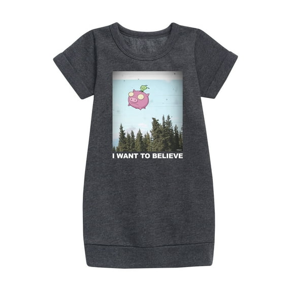 Invader ZIM - GIR Sitting on Flying Pig - I Want to Believe - Toddler And Youth Girls Fleece Dress