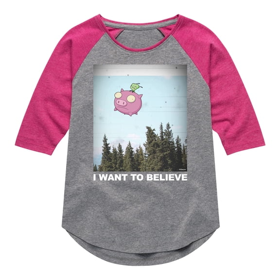 Invader ZIM - GIR Sitting on Flying Pig - I Want to Believe - Toddler And Youth Girls Raglan Graphic T-Shirt