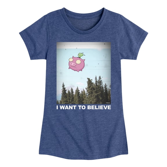 Invader ZIM - GIR Sitting on Flying Pig - I Want to Believe - Toddler And Youth Girls Short Sleeve Graphic T-Shirt