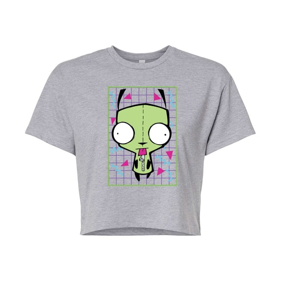 Invader ZIM - GIR Sticking Tongue Out - Retro Style Grid - Juniors Cropped Cotton Blend T-Shirt