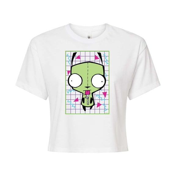 Invader ZIM - GIR Sticking Tongue Out - Retro Style Grid - Juniors Cropped Cotton Blend T-Shirt