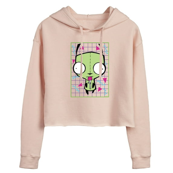 Invader ZIM - GIR Sticking Tongue Out - Retro Style Grid - Juniors Cropped Pullover Hoodie