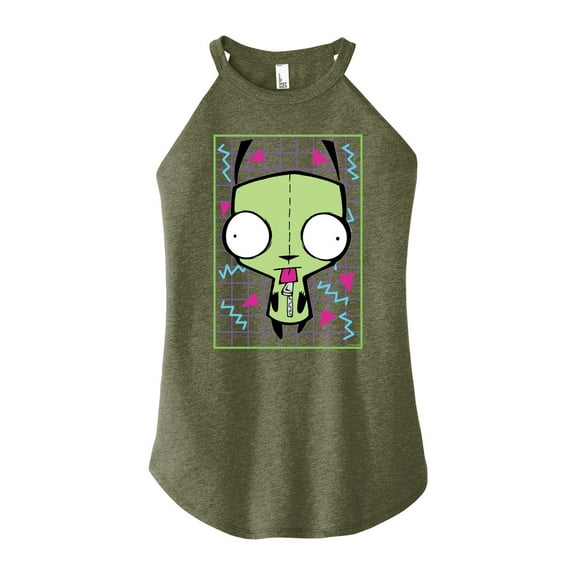 Invader ZIM - GIR Sticking Tongue Out - Retro Style Grid - Juniors High Neck Tank Top