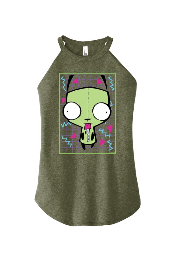 - GIR Sticking Tongue Out - Retro Style Grid - Juniors High Neck Tank Top