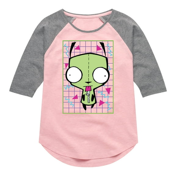 Invader ZIM - GIR Sticking Tongue Out - Retro Style Grid - Toddler And Youth Girls Raglan T-Shirt