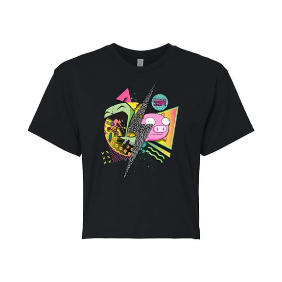 Invader ZIM - GIR and Pig - Retro Style - Juniors Cropped Cotton Blend T-Shirt