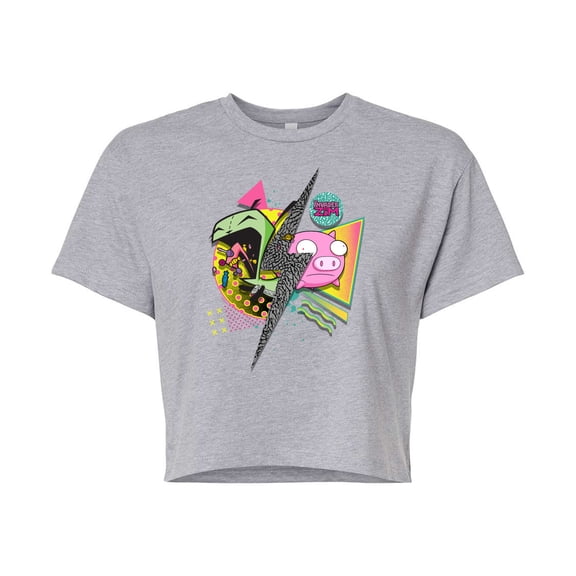 Invader ZIM - GIR and Pig - Retro Style - Juniors Cropped Cotton Blend T-Shirt