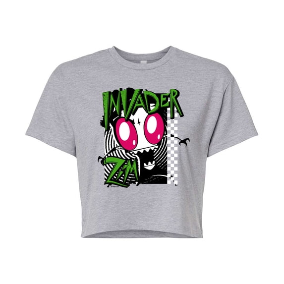 Invader ZIM - ZIM Angry - Retro Checkered Board - Juniors Cropped Cotton Blend T-Shirt