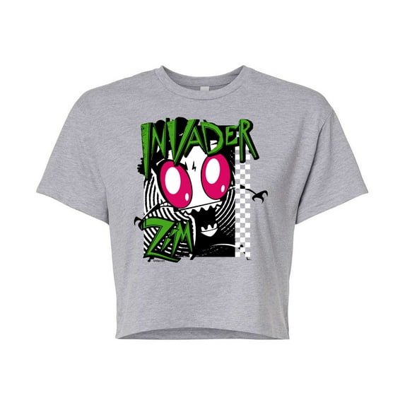 Invader ZIM - ZIM Angry - Retro Checkered Board - Juniors Cropped Cotton Blend T-Shirt