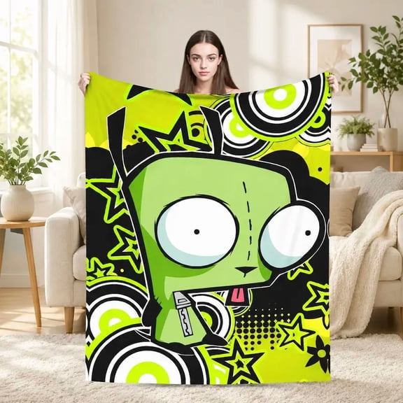 Invader Zim Alien Cartoon Cozy Flannel Throw Blanket, Soft Lightweight Warm Cover for Sofa Bed Couch, Bedroom Office Travel Gift for Fans