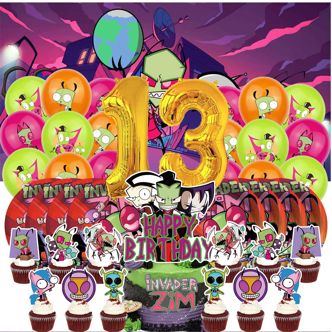 Invader Zim Balloons Party Supplies 13th Decor Tableware Birthday Cake ...