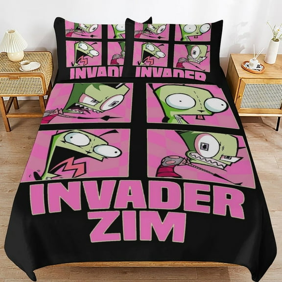 Invader Zim Bed Duvet Cover Microfiber Bedding Sets 3D Printed Lightweight 3 Piece Comforter Sets, 1 Duvet Cover And 2 Pillow Shams for Kids Boys Girls 86"x70"
