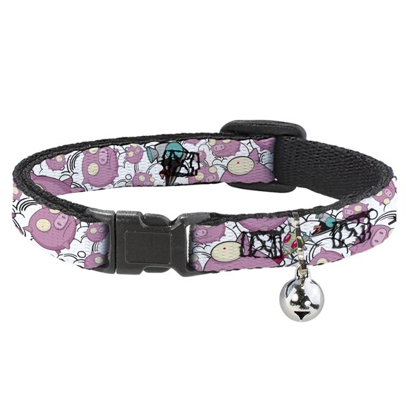 Invader Zim Breakaway Cat Collar With Bell, Plastic Clip, Easy Adjustable, Invader Zim GIR and Piggy Doddles White Black, 8.5 to 12 Inches 0.5 Inch Wide