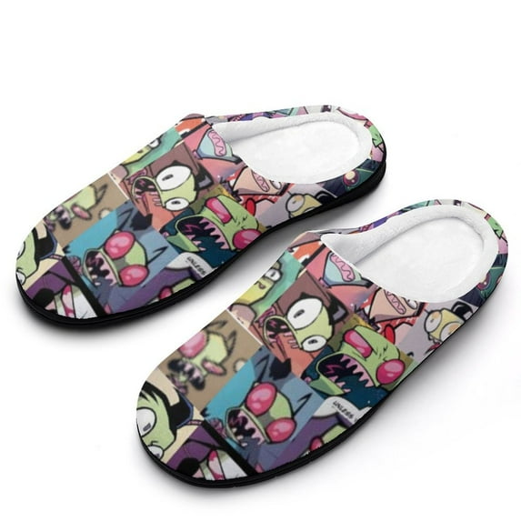Invader Zim Fuzzy Cotton Slippers For Mens Winter Cotton Lightweight Anti-slip Rubber Sole Slippers House Open Back Slippers Closed Toe Slippers