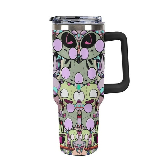 Invader Zim Gir 40oz Large Capacity Car Cup Tumbler with Handle And Straw Lid, Insulated Stainless Steel Double Wall Vacuum Travel Mug, Leak-proof Large Capacity Car Cup,Cupholder Friendly