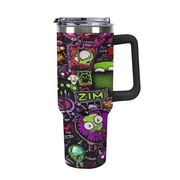 Invader Zim Gir 40oz Large Capacity Car Cup Tumbler with Handle And Straw Lid, Insulated Stainless Steel Double Wall Vacuum Travel Mug, Leak-proof Large Capacity Car Cup,Cupholder Friendly