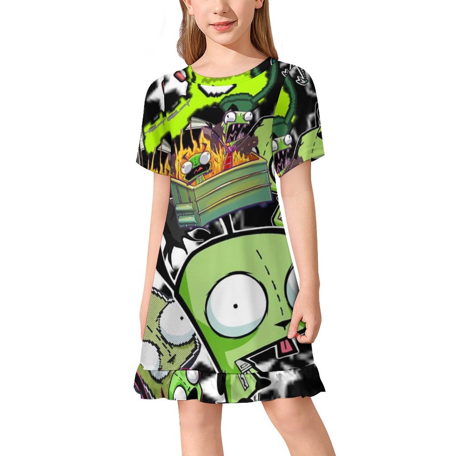 Invader Girl Invader Zim Girls Short Sleeve Dress A Line Twirly Skater Dress Casual ...