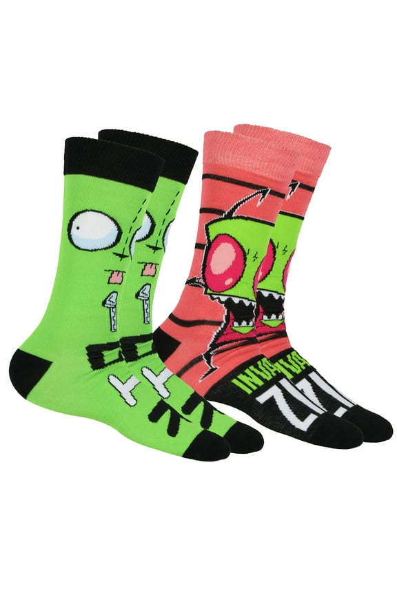 Invader Zim Socks Men's Zim and Gir Designs 2-Pair Adult Mid-Calf Crew Socks (Fits Shoe Size 6-12)