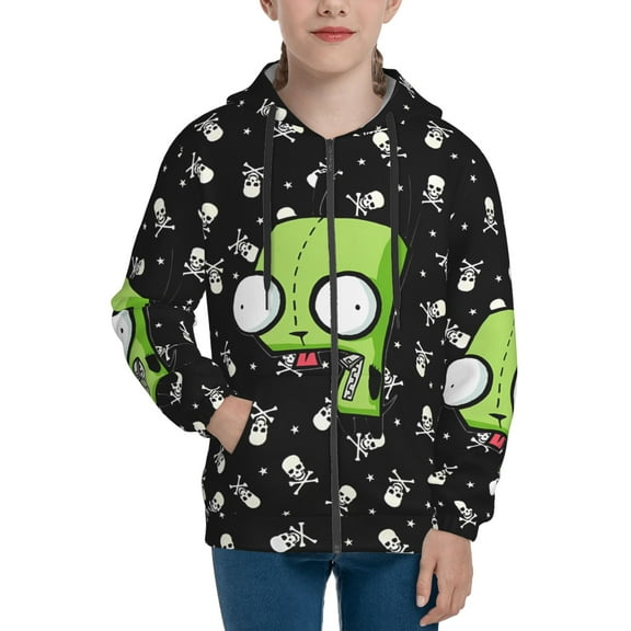 Invader Zim Teens Boys Girls Zip Up Hoodies 3d Print Long Sleeve Hooded Sweatshirt Jacket With Pocket Large