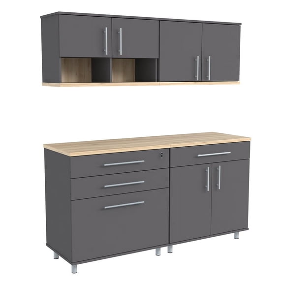 Inval 63" W 4-Piece 7-Shelf Heavy-Duty Garage Cabinet Set Wood Composite, Dark Gray
