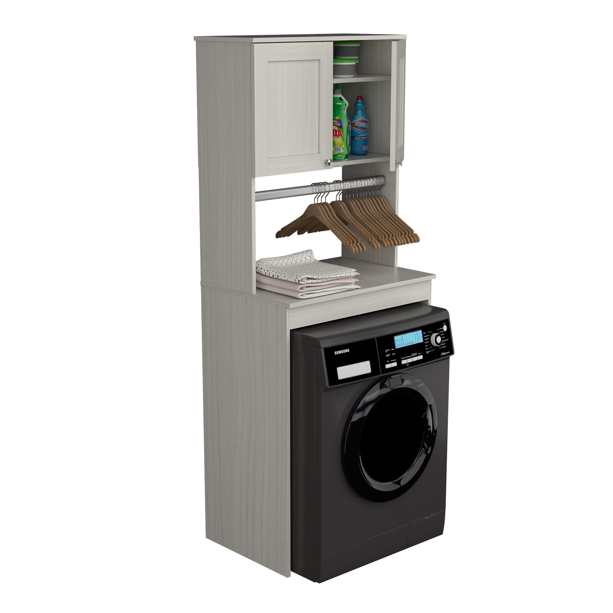 Washed Oak Freestanding Laundry Cabinet with Adjustable Shelving