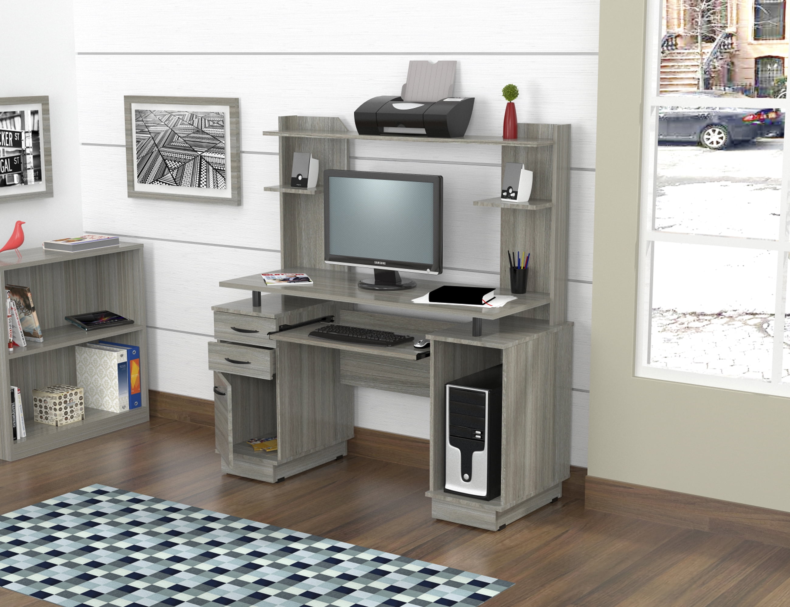 Inval computer desk with cheap hutch