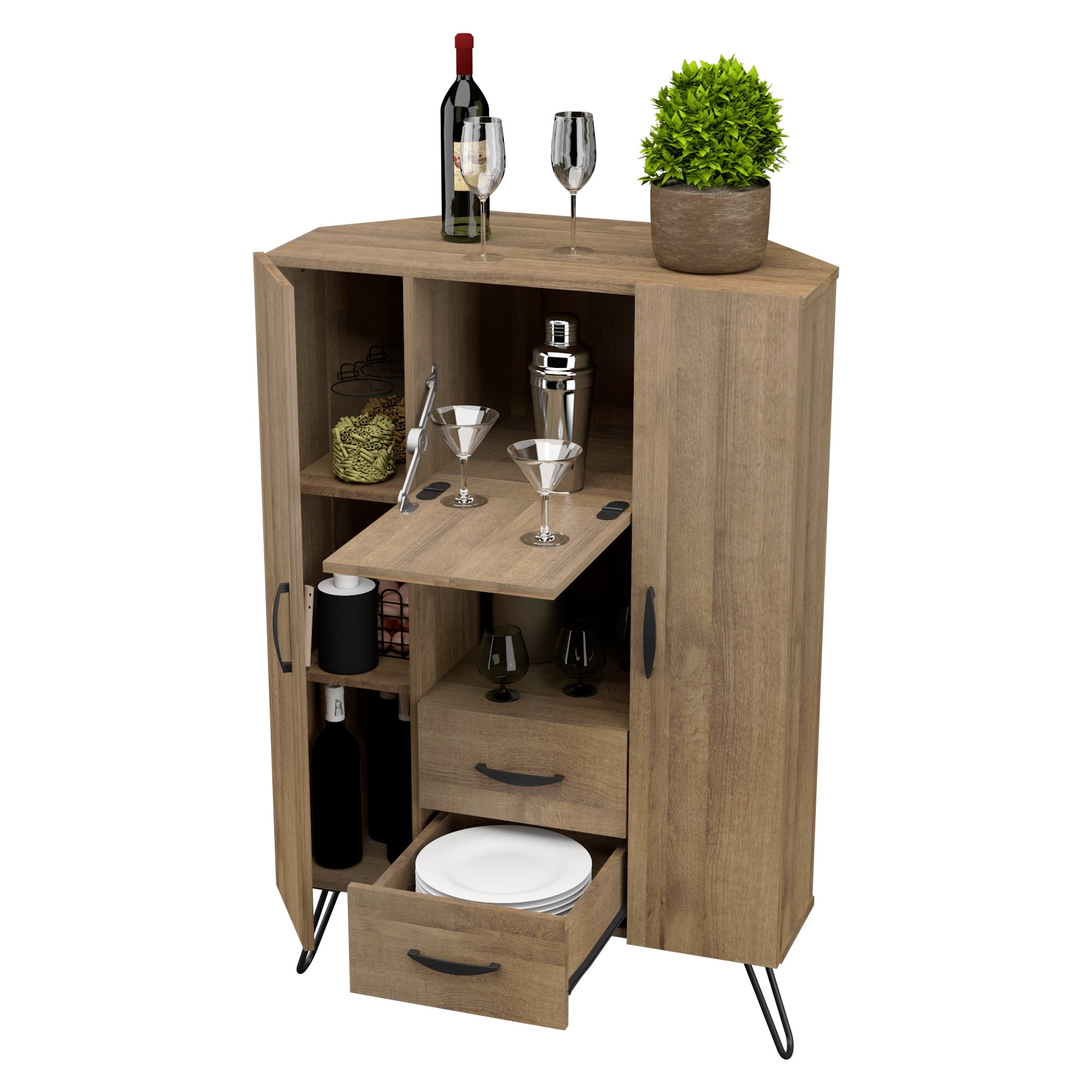 Amaretto Mid-Century Corner Buffet Cabinet with Black Handles