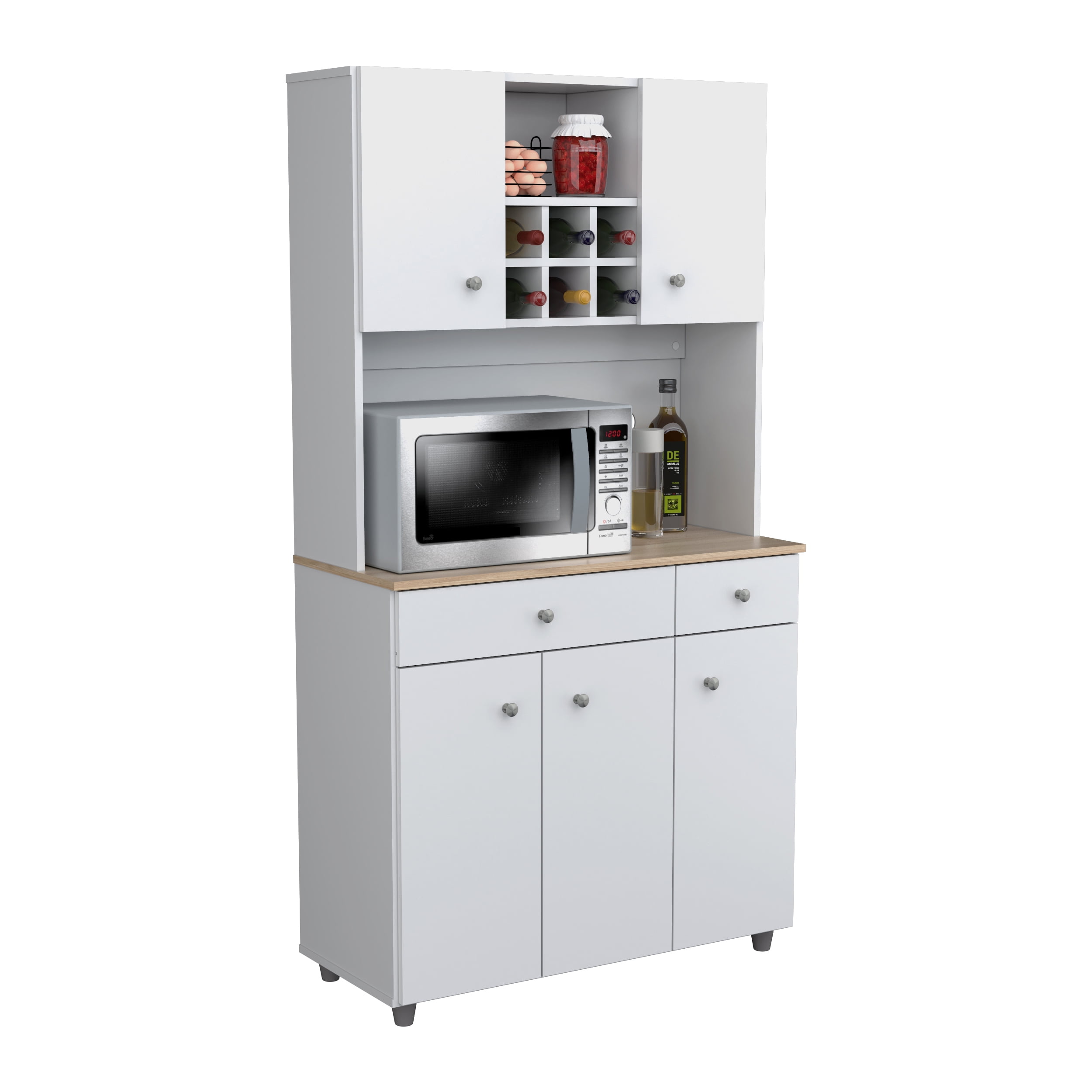 White and Maple Kitchen Pantry with Wine Storage and Metal Handles