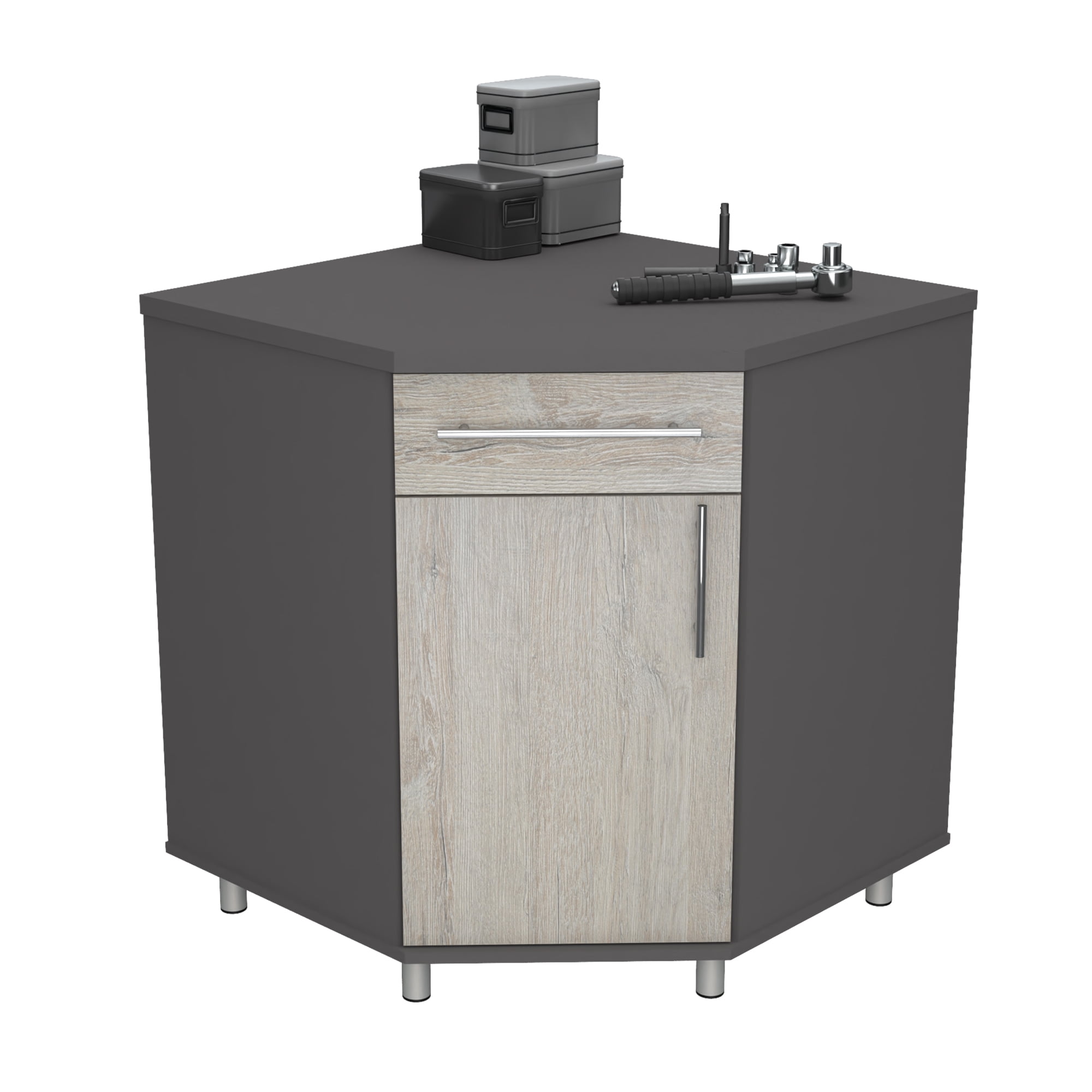 Inval Kratos Adjustable Laminate 2-Shelf 1-Drawer Corner Garage Cabinet, Chantilly & Dark Gray