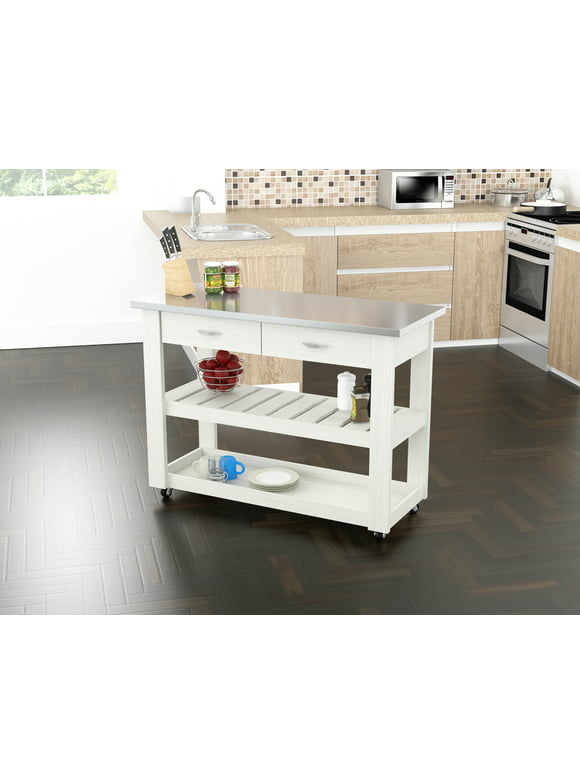 Inval Laminate Mobile Kitchen Cart, Stainless Steel Top in Washed Oak