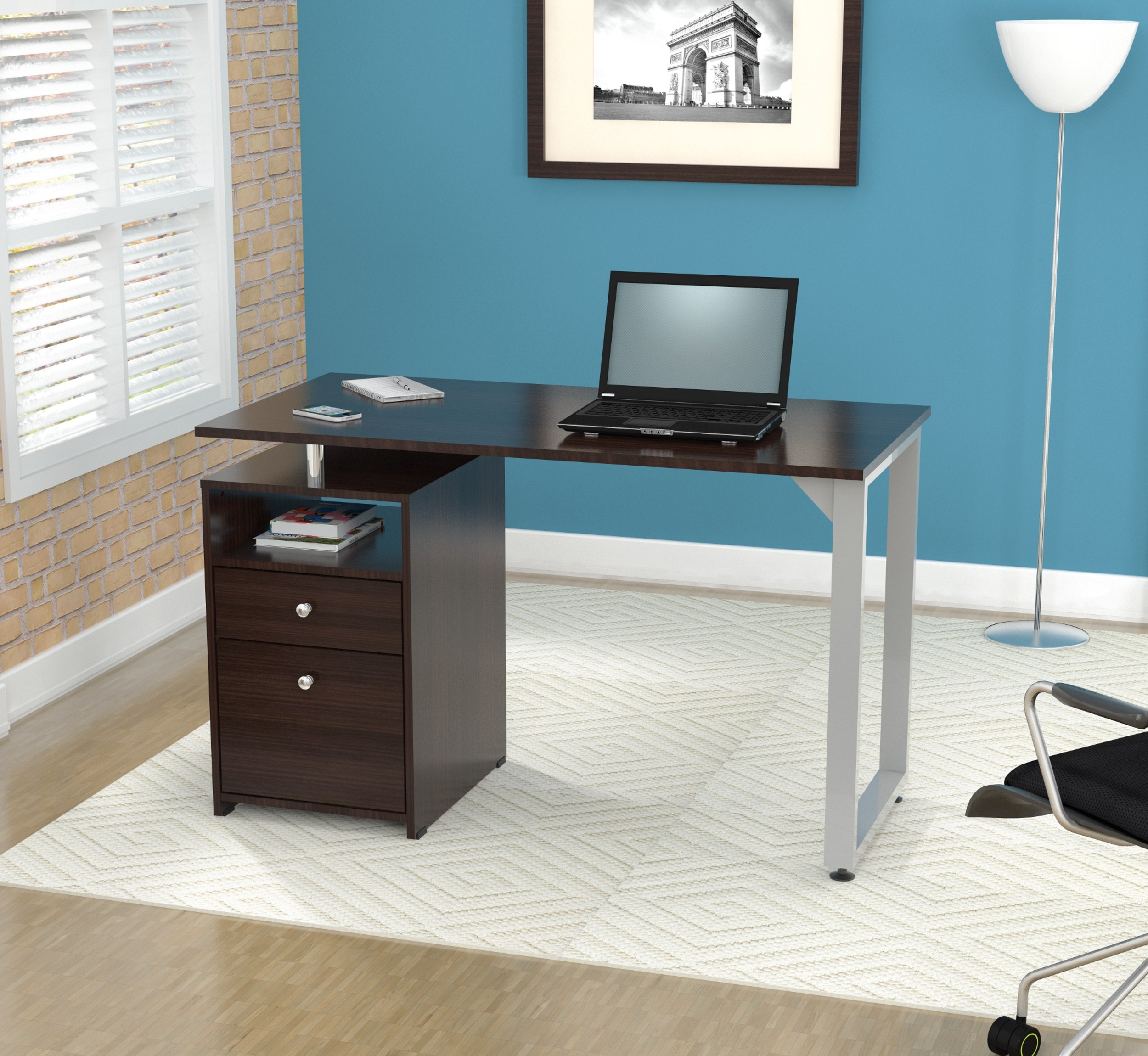 Inval Reversable Laminate Office Desk, BF Pedestal and Shelf, Espresso