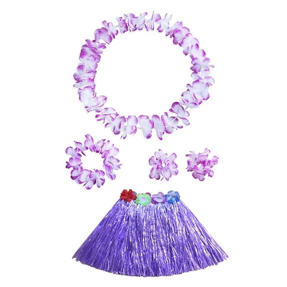 Kids Hawaiian Grass Lei Skirt Flower Wristband Garland Fancy Costume Suit
