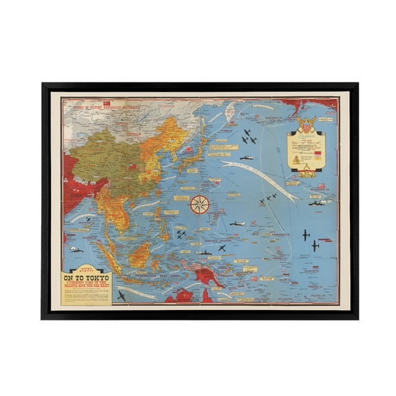 Invasion Map 1944 War WWII On To Tokyo Black Framed Canvas Wall Art Print 18X24"