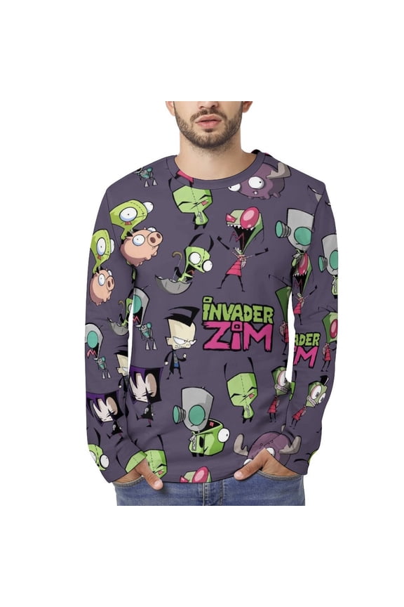 Invasor Zim Long Sleeve Shirts for Men Trendy Streetwear Crew Neck Tops Full Print Funny Graphic T-Shirt M