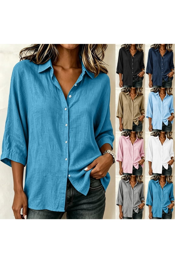 Invelree Womens Cotton Linen 3/4 Sleeve Shirts Button Down Casual Solid Color Blouses Summer Loose Fit Daily Wear Tops Khaki S