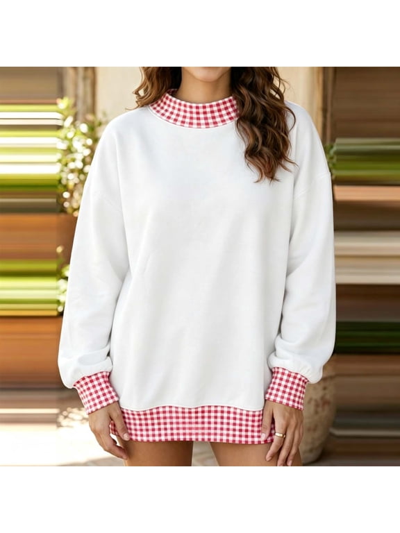 Womens Gingham Trim Tops Crewneck Long Sleeve Oversized Sweatshirts Plaid Accent Pullovers White S