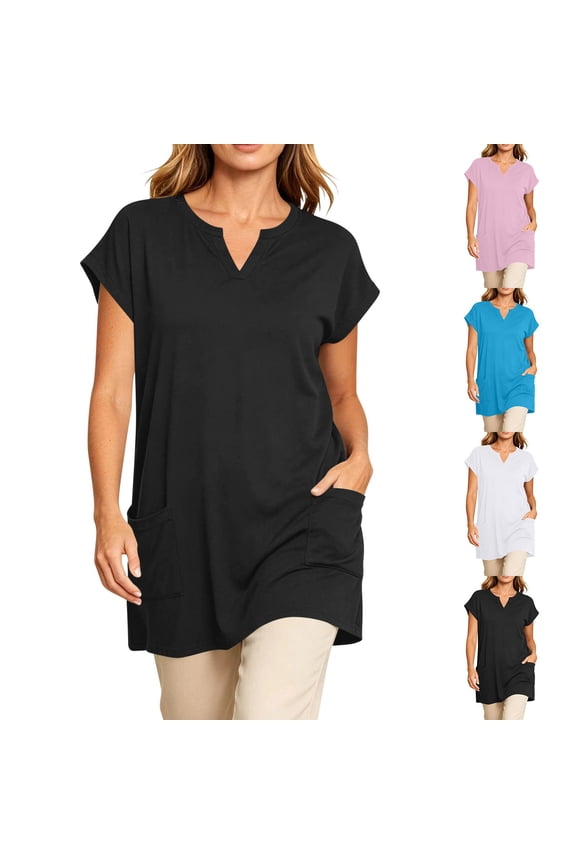 Invelree Womens Short Sleeve Tunic Tops Notch Neck with Pockets Casual Loose Fit Solid Color Blouses Summer Daily Wear Tees Blue XXL